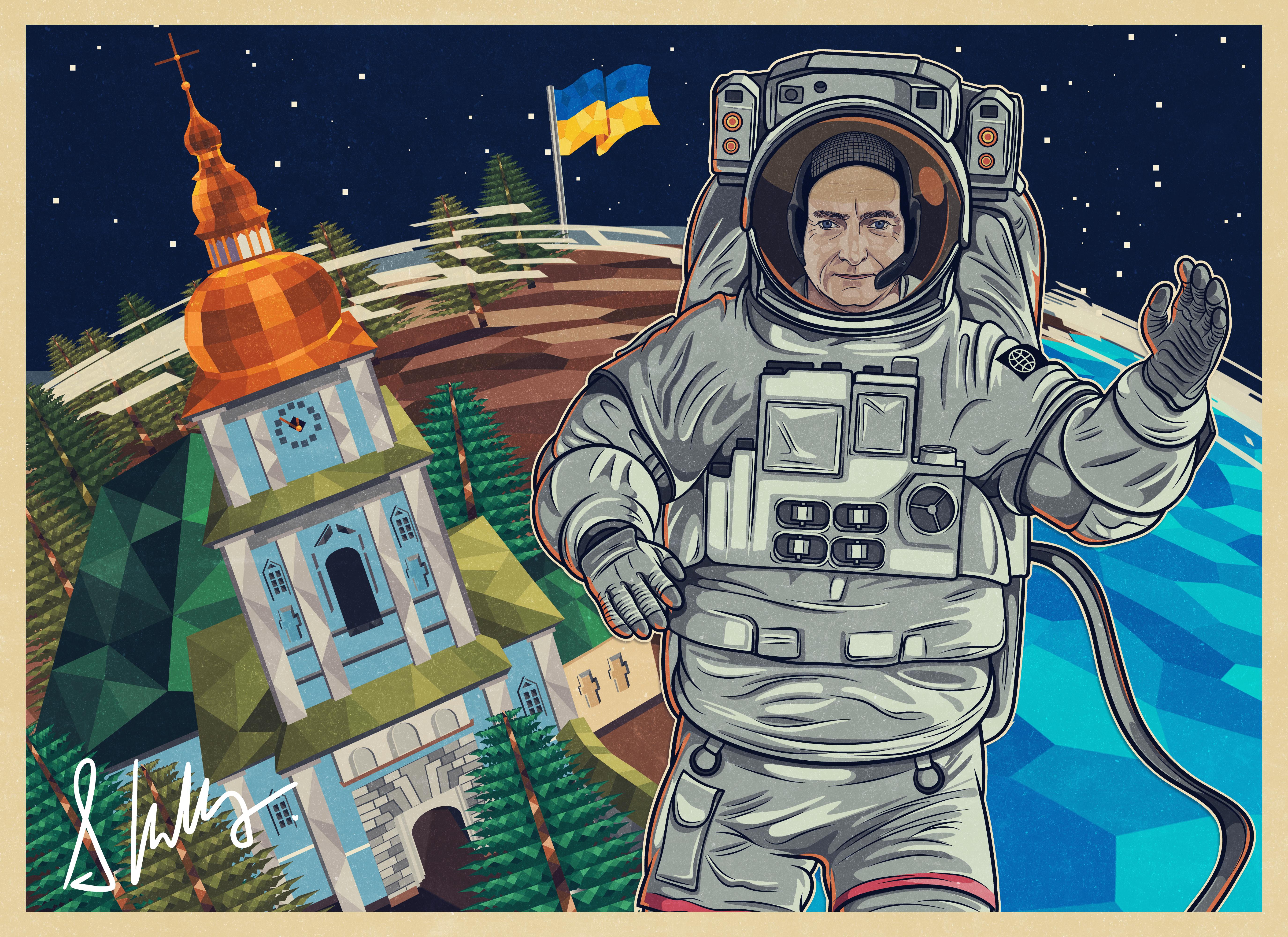 A piece from former NASA astronaut Scott Kelly's first NFT drop, a collection called "Dreams Out of This World." Kelly has been a vocal and frequent critic of Russia's invasion of Ukraine; his support for the besieged nation comes through in the piece, which features the Ukrainian flag.
