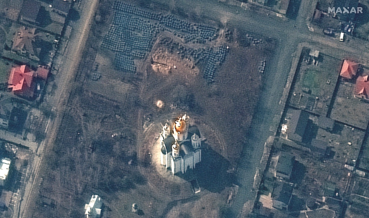 Maxar Technologies' WorldView-3 satellite captured this image of a mass grave in the Ukrainian town of Bucha on March 31, 2022.